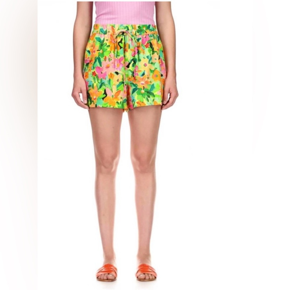 Vibrant High Waist Green and Yellow Summer Shorts ZESI S 55%LINEN 45 % RAYON